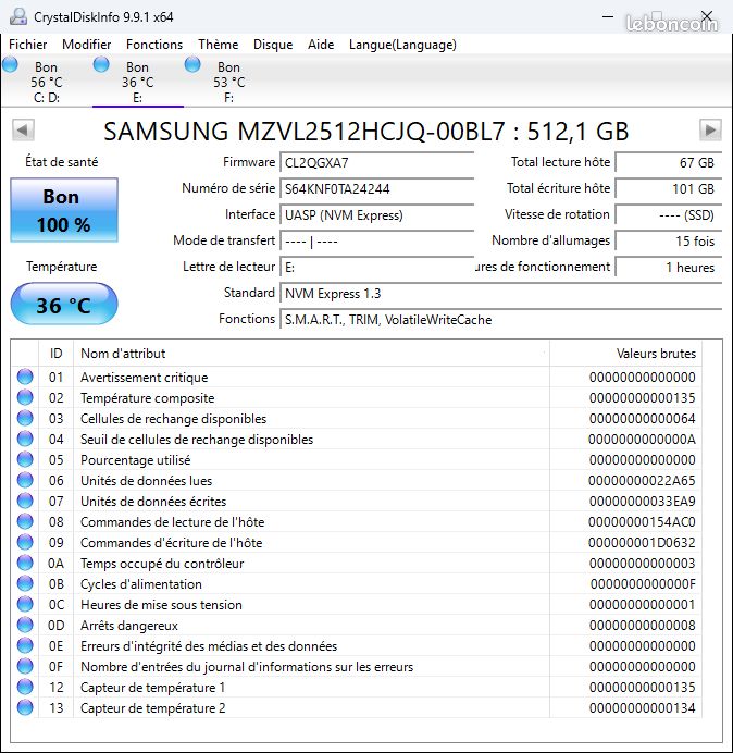 512gb 512go Santé 100% Disque Ssd M2 M.2 2280 Pcie Nvme Samsung pm9a1 gen4x4 (image 3)
