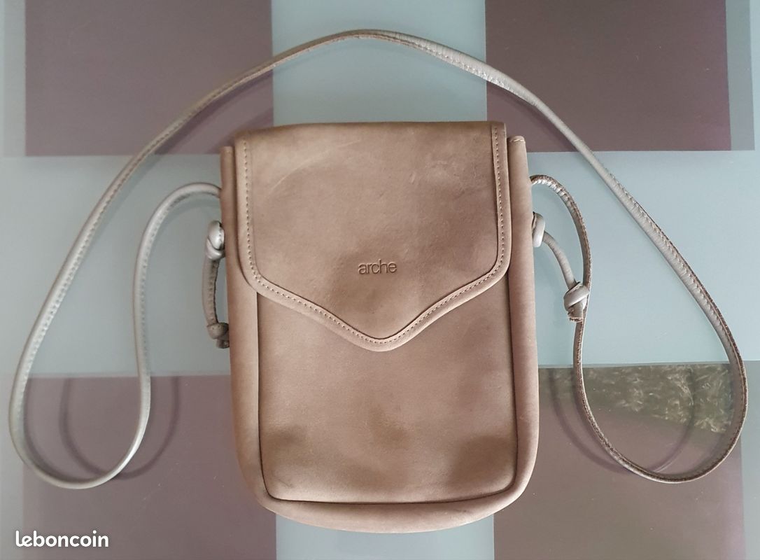 Sacoche à Bandoulière Ajustable Arche, Cuir Double Cuir, Beige Taupe, Made in France, 22x16cm (image 1)