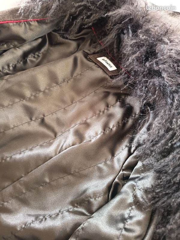 Manteau Long En Fourrure D'agneau Gris Véritable - Taille 44/46, Vintage, Occasion En Bon état