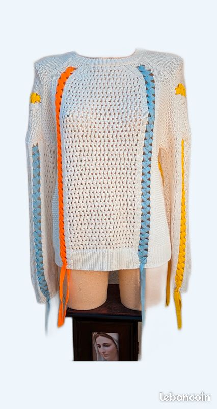 Pull léger ajouré blanc avec bandes de couleur Maje taille