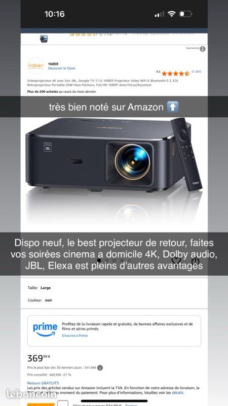 Vidéoprojecteur 4K Avec Android TV 11.0, Son Par JBL, Dolby Audio, NFC, Autofocus, Correction Automatique Du Trapèze, WiFi6, Bluetooth, YABER K2s 1080P Full HD, Home Cinéma, 700 ISO Lumens