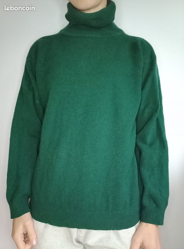 Pull col roulé vert sapin pure laine vierge, vintage 1980s, 38 (image 1)