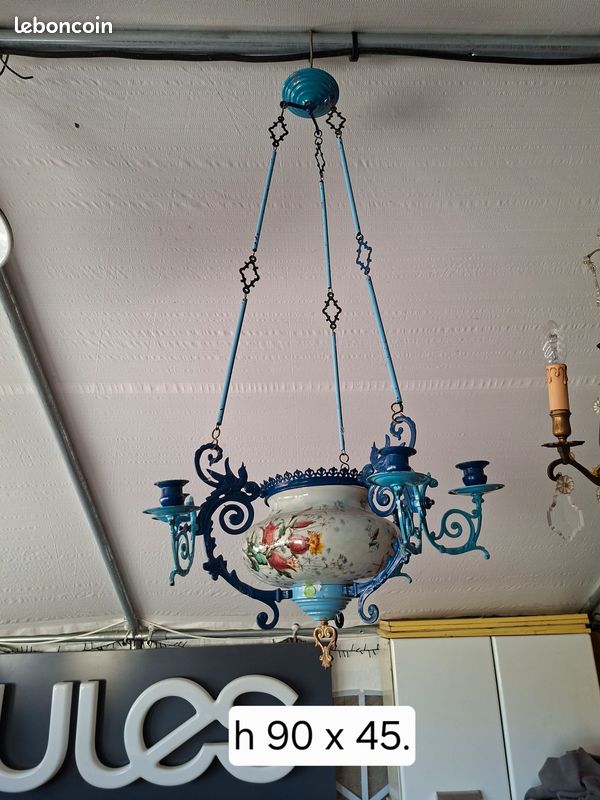 Lustre ancien en métal bleu avec abat-jour peint à la main (image 5)