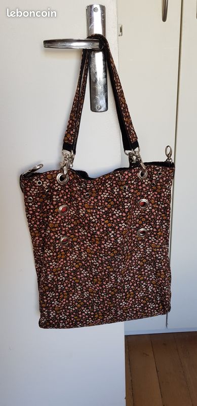 Sac cabas tissu velours réversible noir et fleuri (image 3)