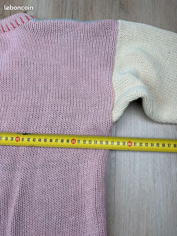Pull vintage Etam Y2k S/M multicolore pastel brodé fleurs col V maille [0217] (image 8)