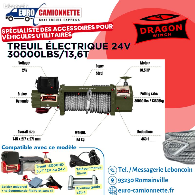 Treuil Électrique Dragon Winch Maverick 3000 Lbs 12V - Câble Acier 10m, Télécommande Sans Fil