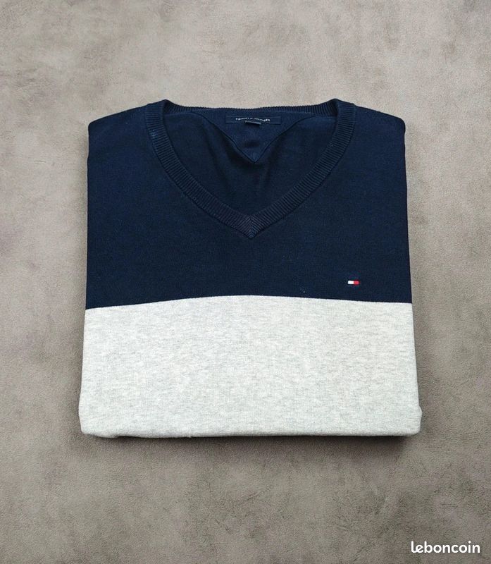 Sweat Tommy Hilfiger [L] 100% coton col V logo brodé homme pull marine (image 1)