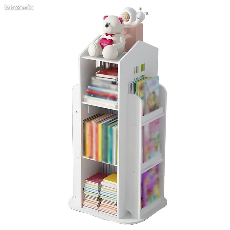 Bibliothèque Enfant Rotative 360° avec Roulettes – Rangement Livres & Jouets – Forme Maison - Blanc - PUE117-40 (image 1)