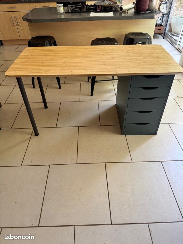 Bureau Ikea Caisson Alex édition limitée gris vert plateau bambou Anfallare 140x65 pieds acier gris Adils (image 3)