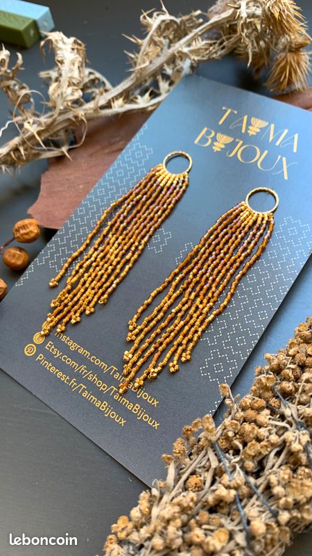 Boucles d'oreilles à franges oranges et dorées 24ct en perles japonaises style boheme (image 7)