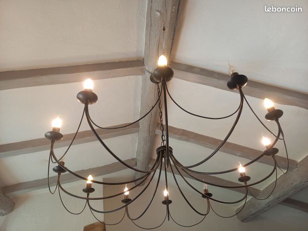 Ancien Lustre en Fer Forgé 4 Branches Vintage Plafonnier Suspension