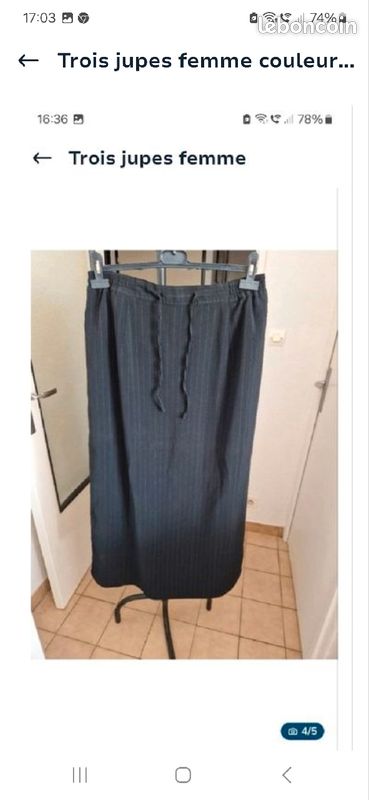 Trois jupes femme couleur jean bleu, noir à rayures blanc, et marron (image 4)