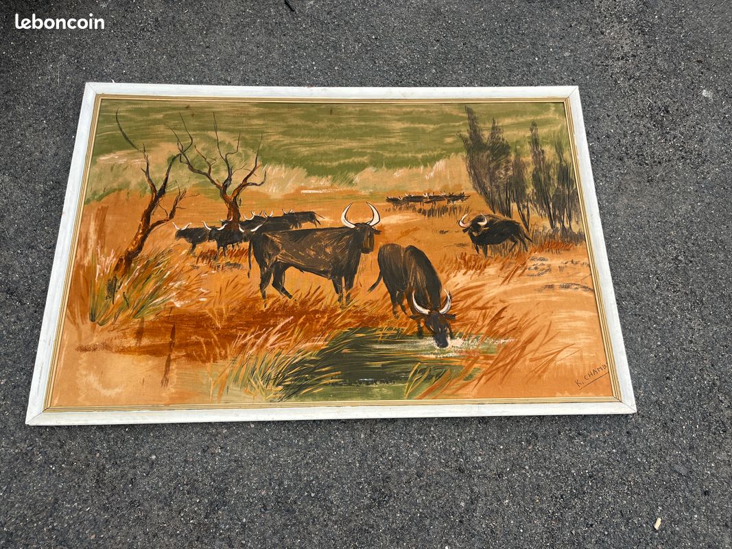 Grand tableau ancien signé K. Chamby - Scène de taureaux / manade en Camargue (image 2)
