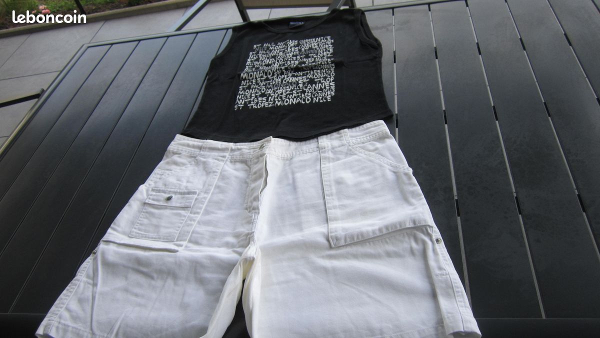 Short transformable bermuda blanc coton et son haut noir assorti (image 1)