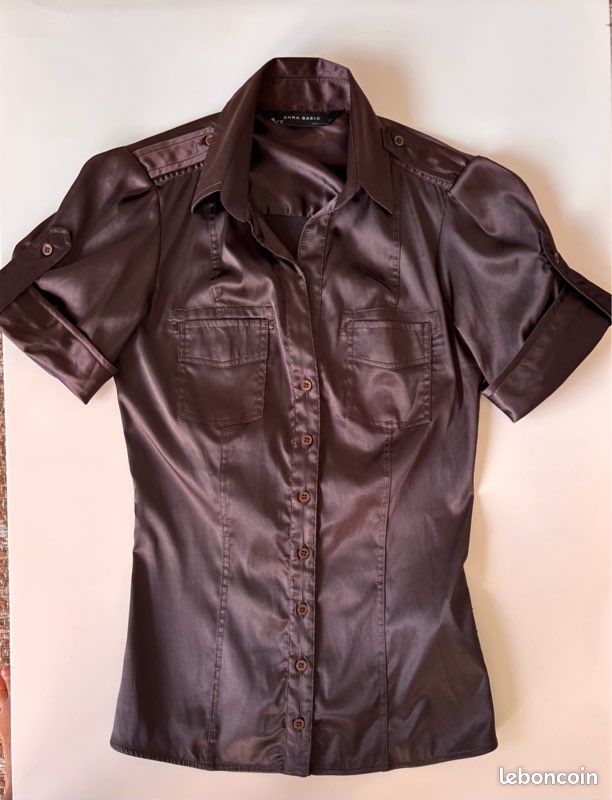 Chemise marron satinée à manche courte cintré style western (image 5)