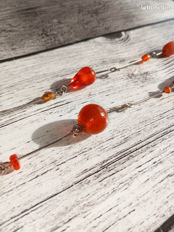 Collier Sautoir Vintage 1,2 M - Perles De Verre Orange Doré - Occasion Bon état