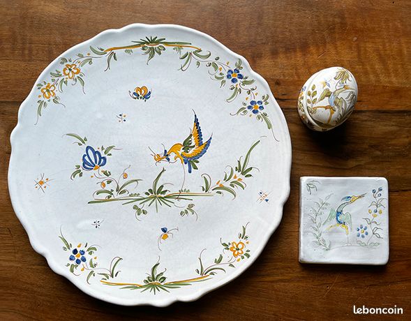 Dessous de plat St-Amand Ceranord France , faïence décor de d'oiseaux années 50-60 , French vintage trivet birds decor - France