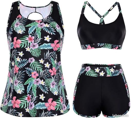 Maillot De Bain Tankini 3 Pièces Noir Et Blanc Taille L - Haltère Et Slip - Occasion TB état