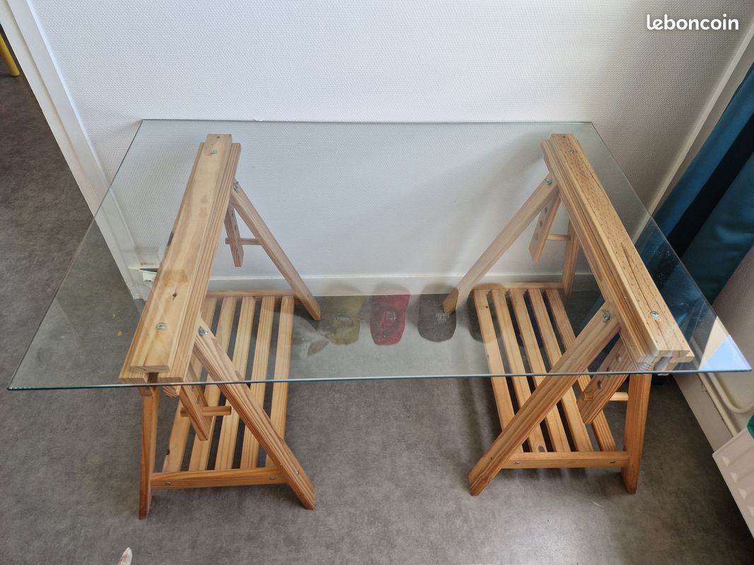 Bureau Tréteaux + plaque verre (image 1)