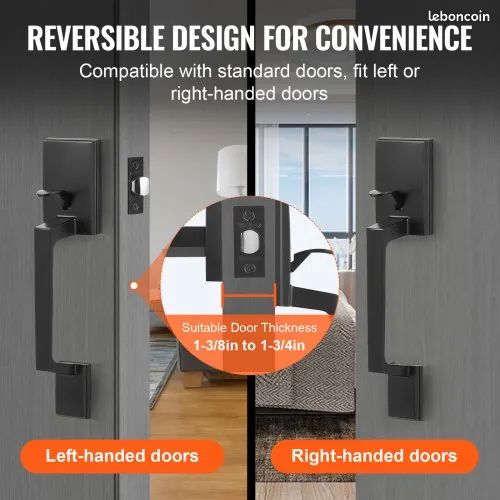 Poignée de porte d'entrée VEVOR, noir mat, poignée à levier carrée sans serrure, entraxe réglable, compatible avec les portes d'entrée à ouverture à droite et à gauche (image 3)