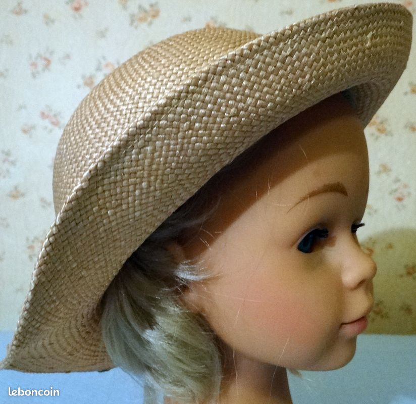 CHAPEAU EN PAILLE NATURELLE 1960 T. 53 cm avec RUBANS FLEUR EN TISSU BLEU mariage, été, défilé vintage, fabriqué en France (image 5)
