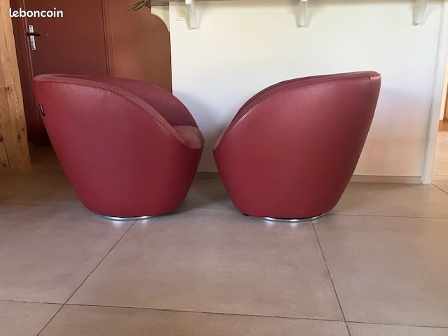 2 Fauteuils Roche Bobois EDITO -cuir et tissu rouge6pivotants (image 2)