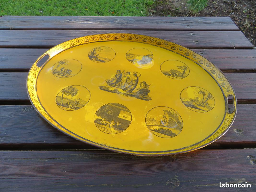 VINTAGE - Authentique ancien grand plateau en tôle laqué jaune (Époque 19ème siècle) (image 8)