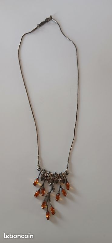 Collier Ras Du Cou En Argent Massif Et Ambre - Bijou Art Nouveau - Occasion