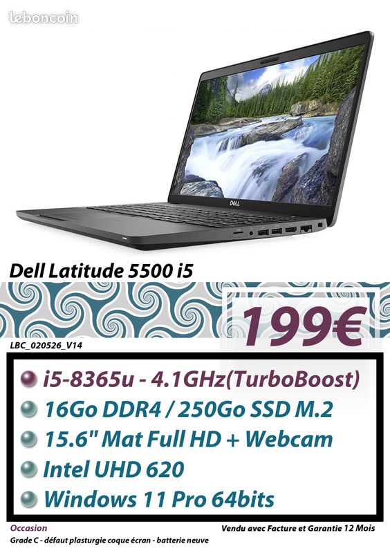 PC Portable Dell Latitude 5500 Intel Core I5-8365U (8ème gen) 16Go DDR4 250GB NVME Windows 11 FHD - Occasion garantie 1 an (image 1)