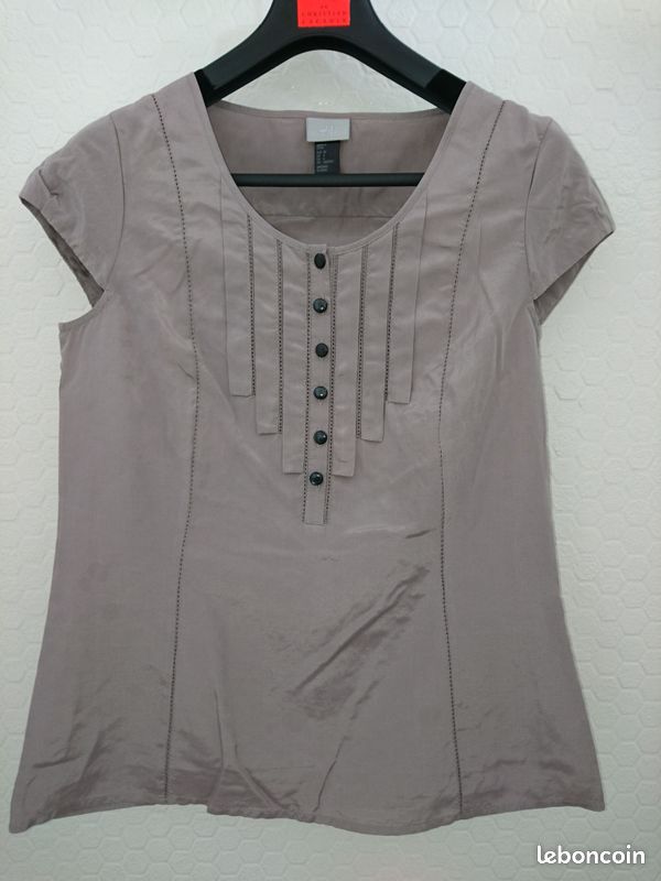 Haut blouse en satin gris beige plastron M neuf (image 2)