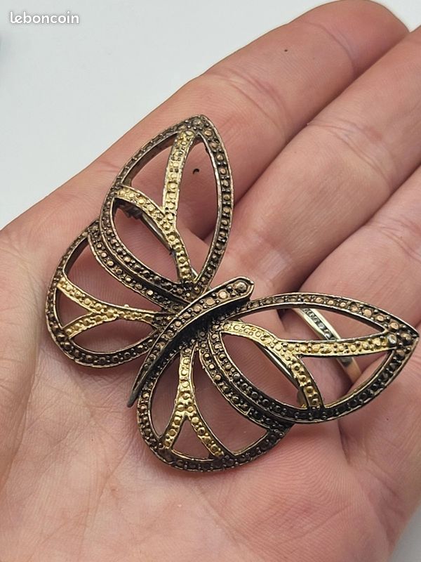Vintage - Broche Nœud Papillon Dorée Avec Strass Rouge - Sans Marque