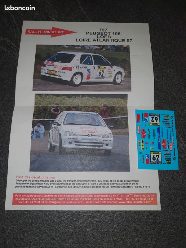 Décalcomanies 1/43 Peugeot 106 Sébastien Loeb – Rallye Loire-Atlantique 1997 – Neuves