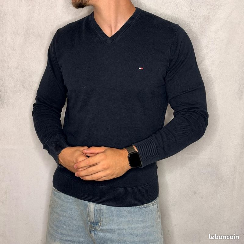 Pull à col V Tommy Hilfiger coton brodé bleu marine Homme taille L #PTM345 (image 1)