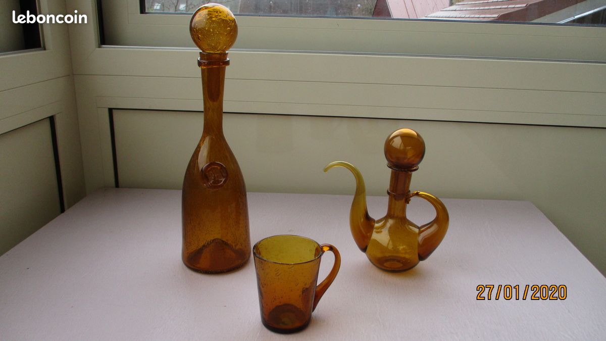 Bouteille +verre +carafe en verre ambré, soufflé, bullé... (image 1)