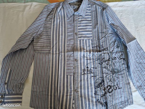 Chemise Desigual Rayée Bleu Et Gris Taille M - Coton, Broderie, Col Classique, état Quasi Neuf