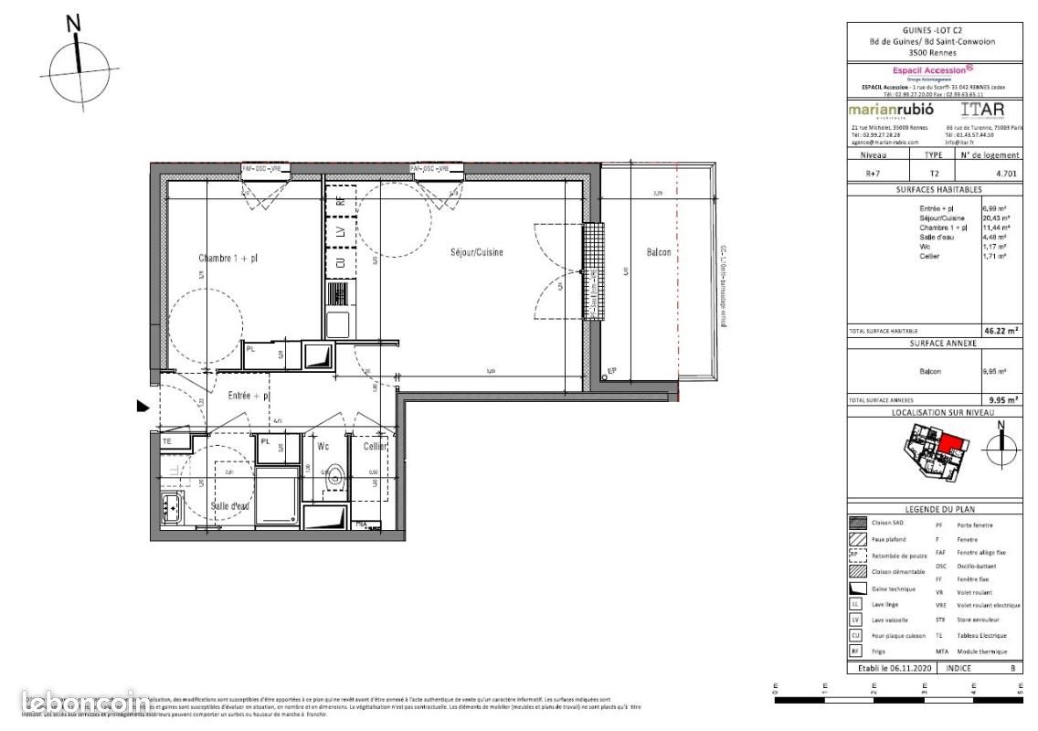 Appartement 2 pièces 46 m² · à Rennes · 46 m² · 689 €/mois