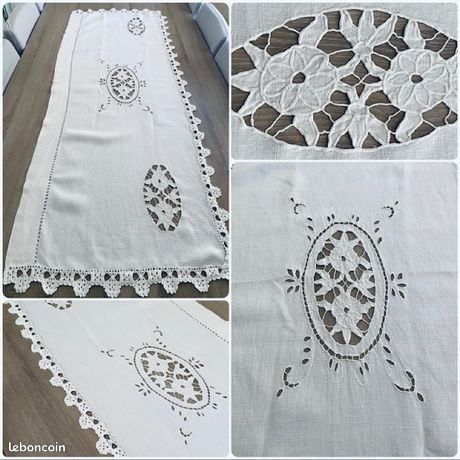Rideau Dentelle Blanc Vintage « Monogrammes » Fait Main - Prêt à Poser