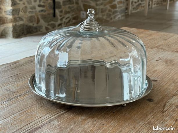 Ancienne Cloche à Fromage Ou Dessert En Cristal Avec Son Plateau, Collection Déco