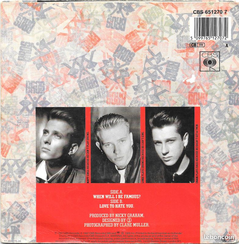 Bros : When Will I Be Famous ? / Love To Hate You [Vinyle 45 tours 7"] 1987 (image 2)