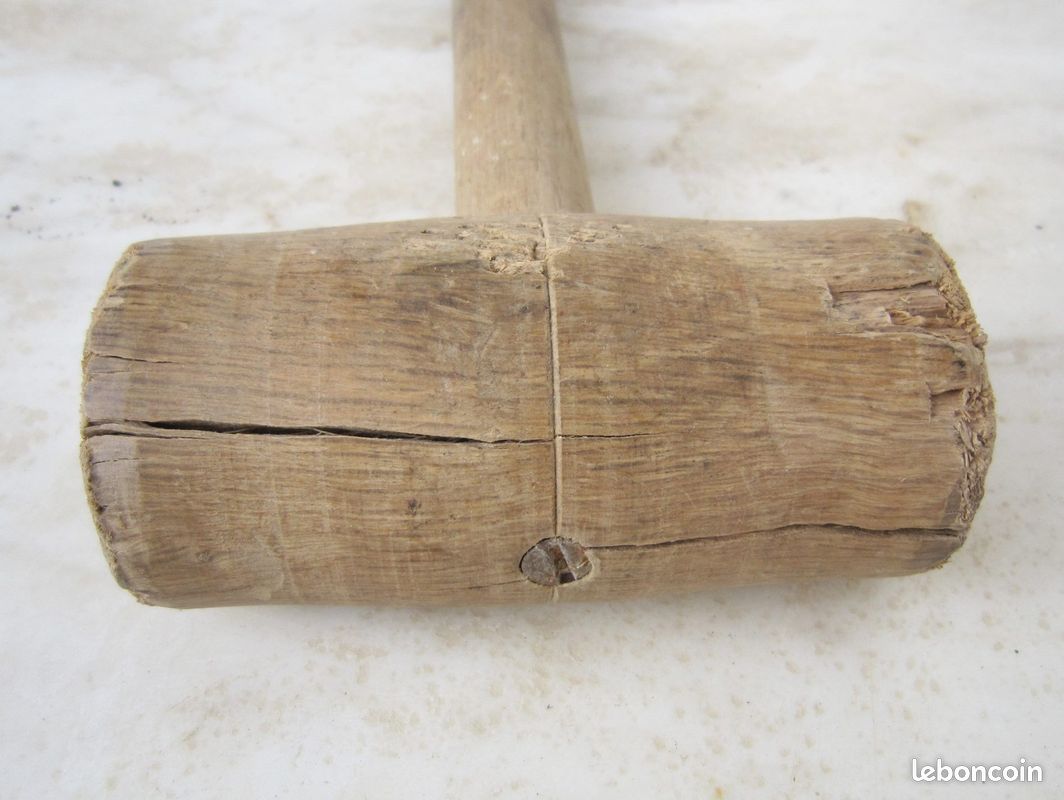 Outil à main maillet en bois primitif fait main vintage 33 cm de long - France