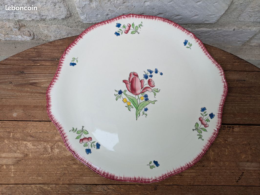 Plat à gâteaux Gien modèle Lorraine 30cm décor floral bordure bordeaux peint à la main (image 7)
