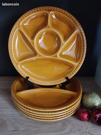 ASSIETTES A FONDUE GIEN COULEUR MIEL VINTAGE AVEC COMPARTIMENTS Marron