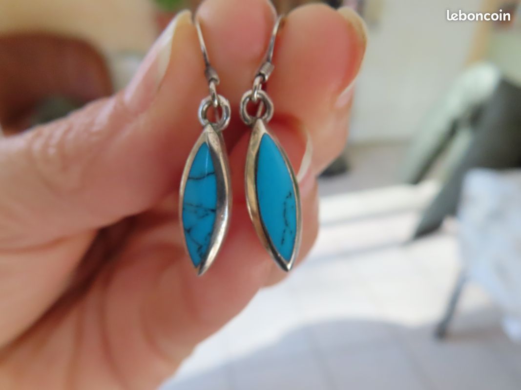 Boucles D'Oreilles Vintage Argent 925 Et Turquoises Howlite - Taille 28x13mm - Clous