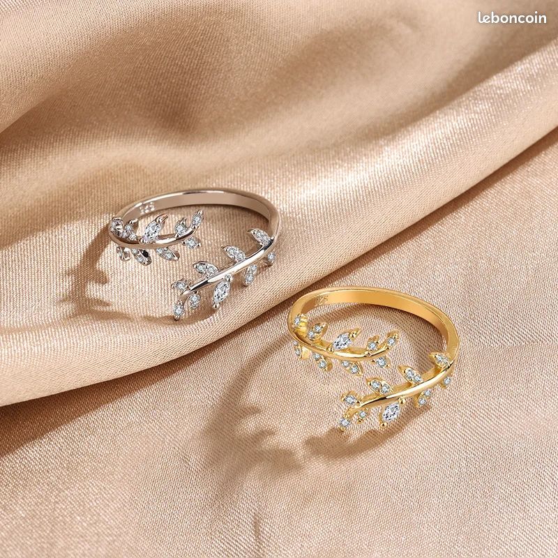 Bague branche zircon femme – argent sterling 925 ou vermeil or 18 K – anneau réglable bijou fin mariage nature - Montres & Bijoux