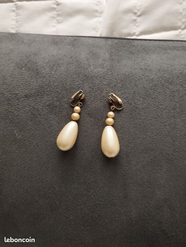 Boucles D'Oreilles Anciennes Pendantes - Perles & Argent Massif, Fermoir Clip (Occasion)