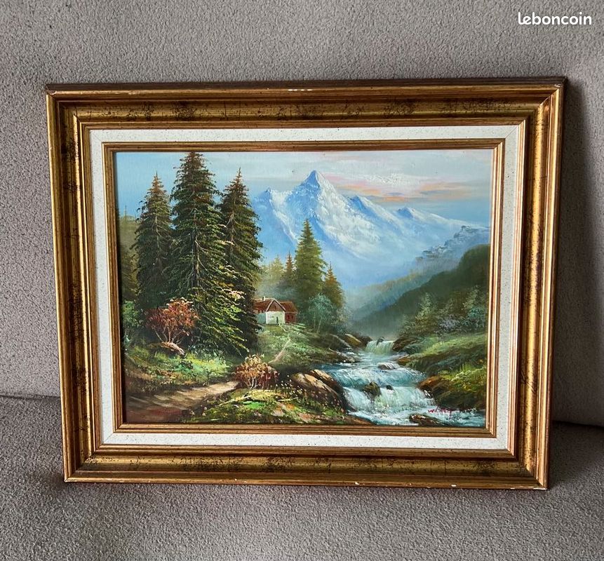 Peinture à l'huile vintage paysage montagne chalet rivière – Signée W.L. Chapman – Cadre 50x40 cm (image 1)