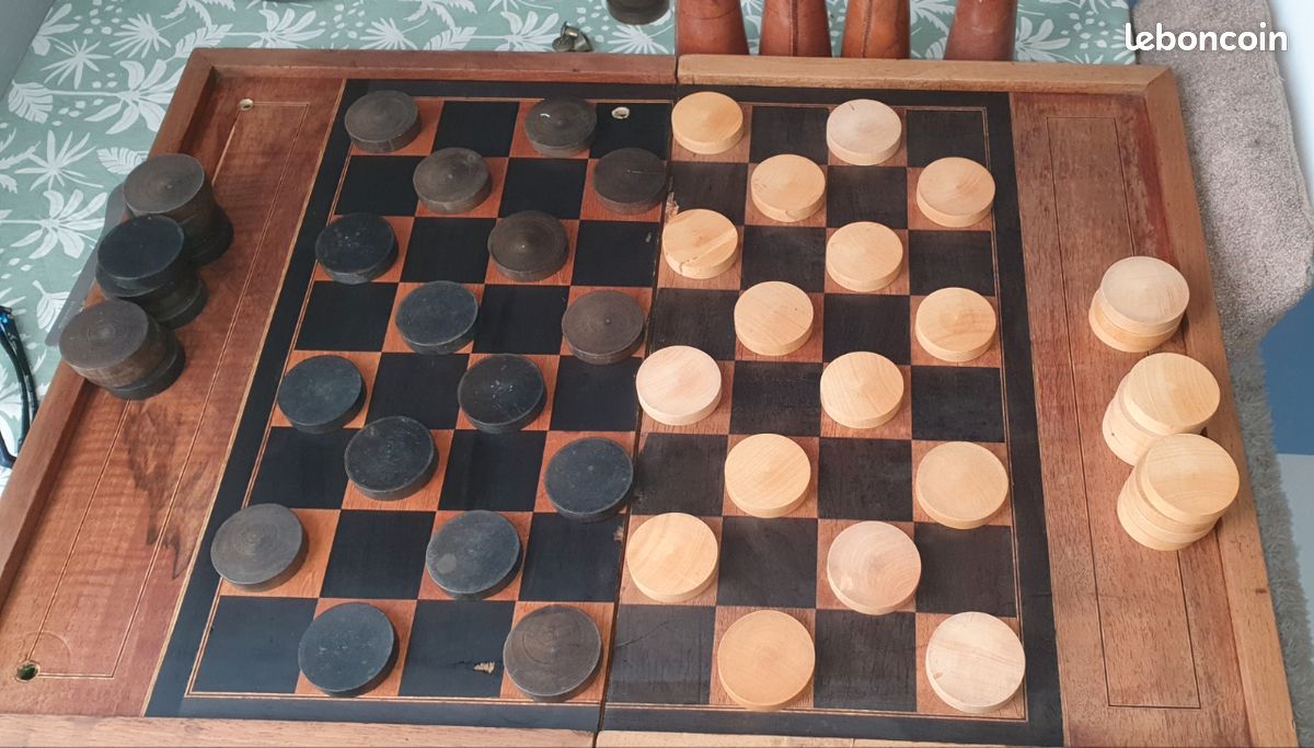 Jeu Ancien De Dames Et Backgammon Pliant En Bois Avec 40 Pions De Gros Diamètre - Jeu De Stratégie Vintage