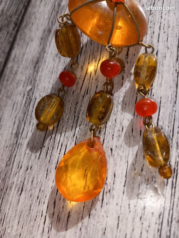 Collier Ancien En Perles D'ambre Naturel Orange - 55 Cm - 49,3 G - Inclusions De Graines - France - Occasion Bon état