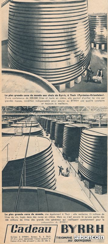 Ancienne Publicité (1938) : BYRRH, 2 records du monde français, La plus grande cuve et la plus grande cave à Thuir (image 2)