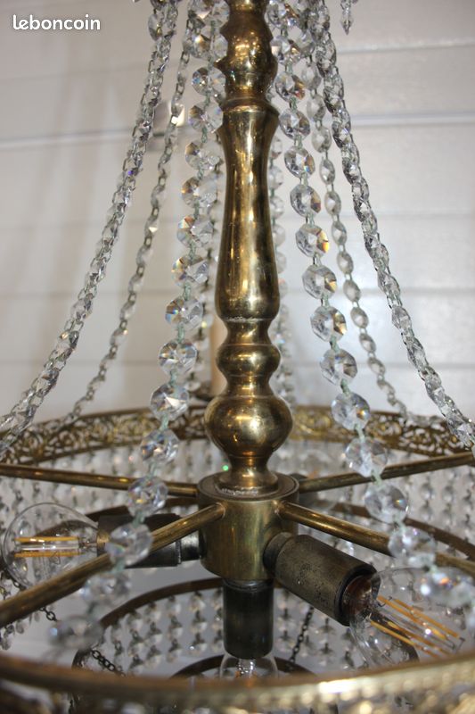 Ancien Lustre à Pampilles Laiton Et Strass Swarovski - Autriche